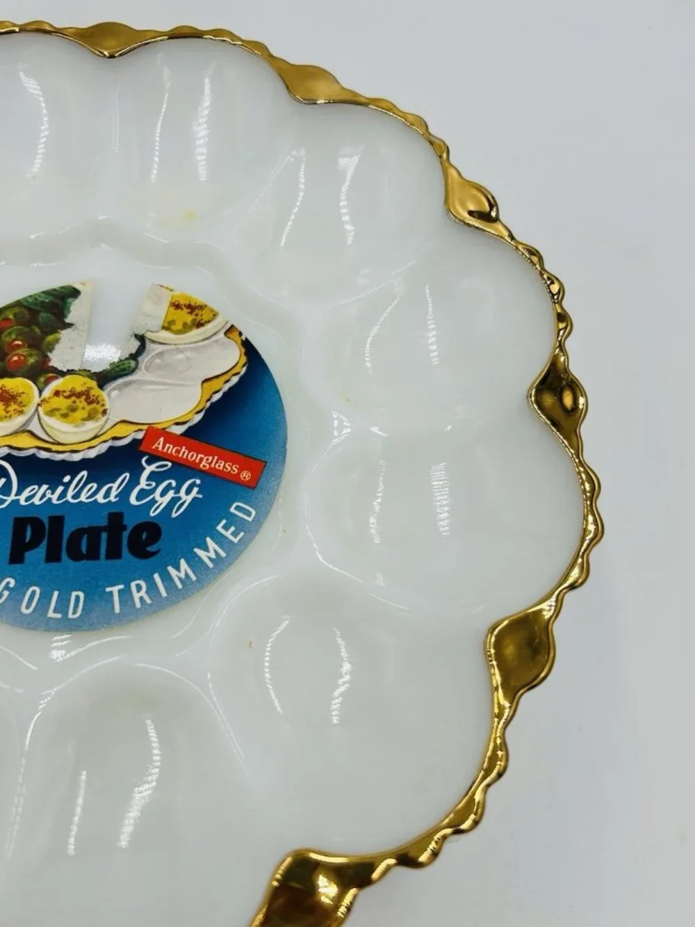 Vintage Anchor Hocking Deviled Egg Plate Milk Glass 22K Gold Trim